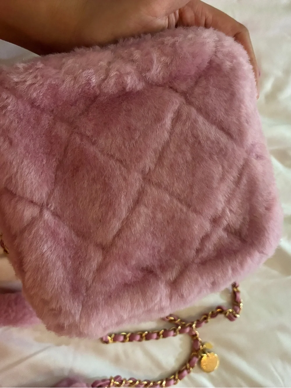 CHANEL Pink Shearling Fur Vanity Bag with Gold CC Hardware